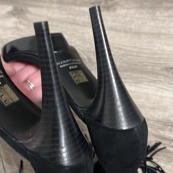 Max Studio Leather Forest Black Fringed Party Sandal Boho Platform Western Heel - Picture 8 of 10